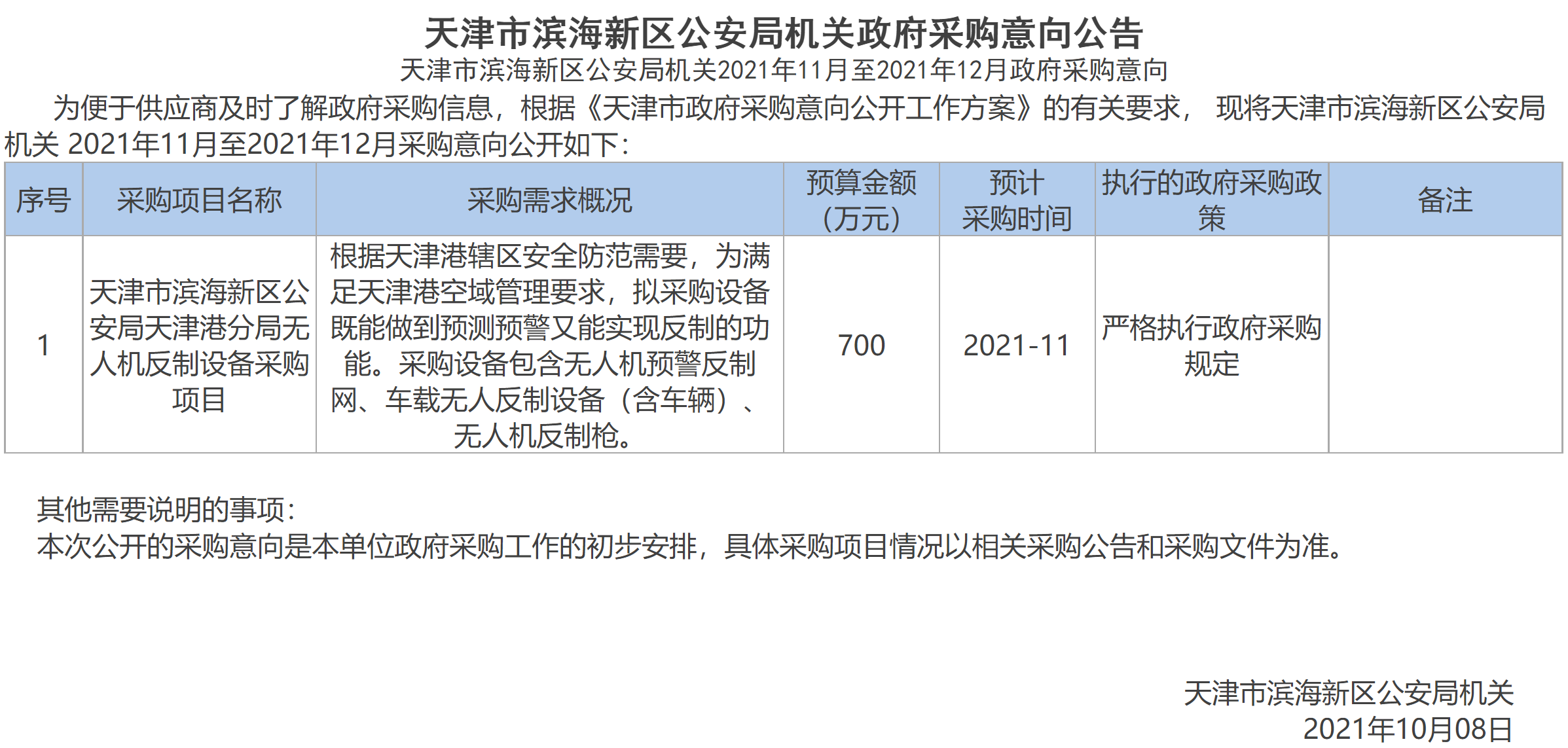【天津】市滨海新区公安局机关政府采购意向公告